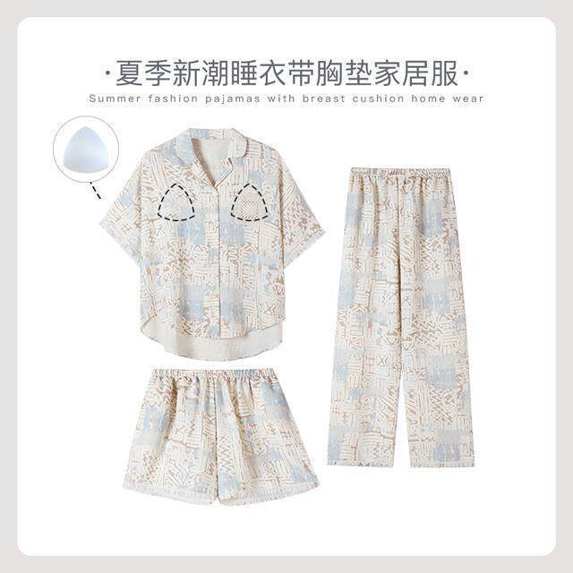 Liyin Niche Designer's New Bubble Cotton Women's Pajamas, Summer Short-Sleeved, Suitable for Going Out, Home Wear Three-Piece Set