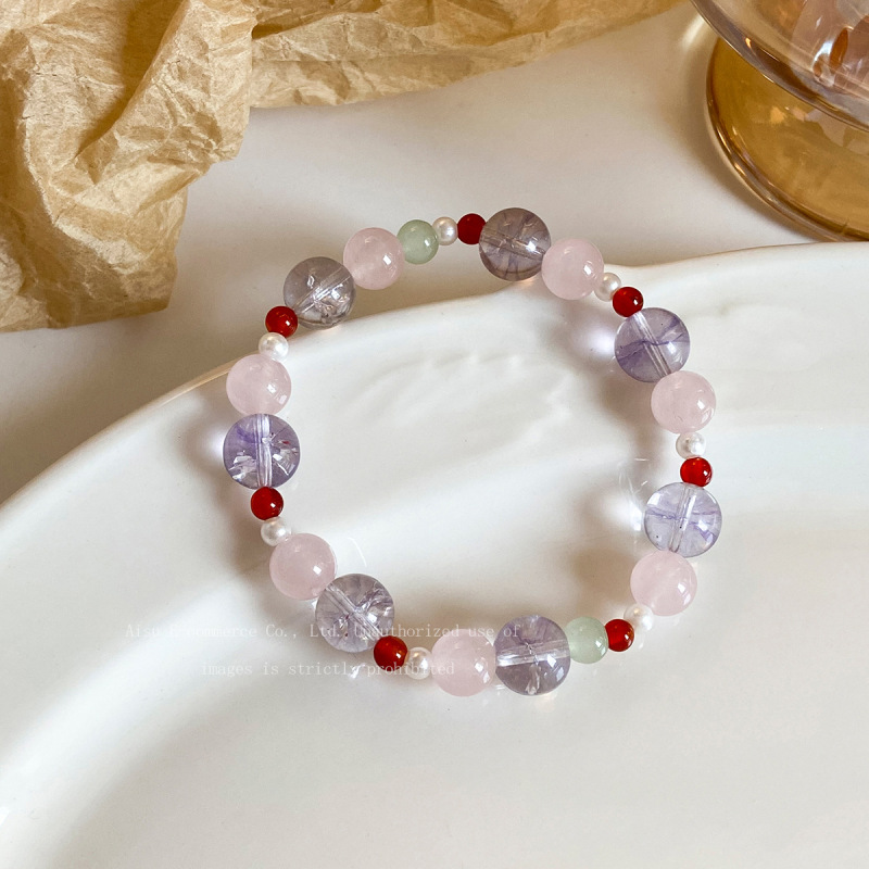 Yanyu Haitang New Chinese Style Bracelet with Violet Amethyst and Agate, Unique Design for Men and Women Couples, Beaded Yanyu Haitang New Chinese Style Bracelet with Violet Amethyst and Agate, Unique Design for Men and Women Couples, Beaded