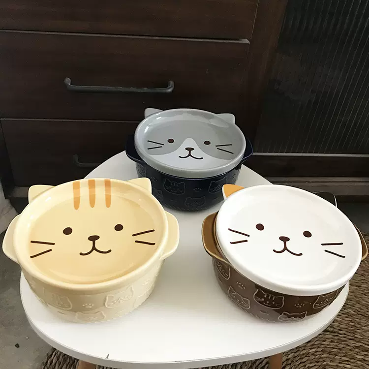 日式猫咪陶瓷泡面碗带盖碗学生方便面碗三花碗可爱猫咪面碗