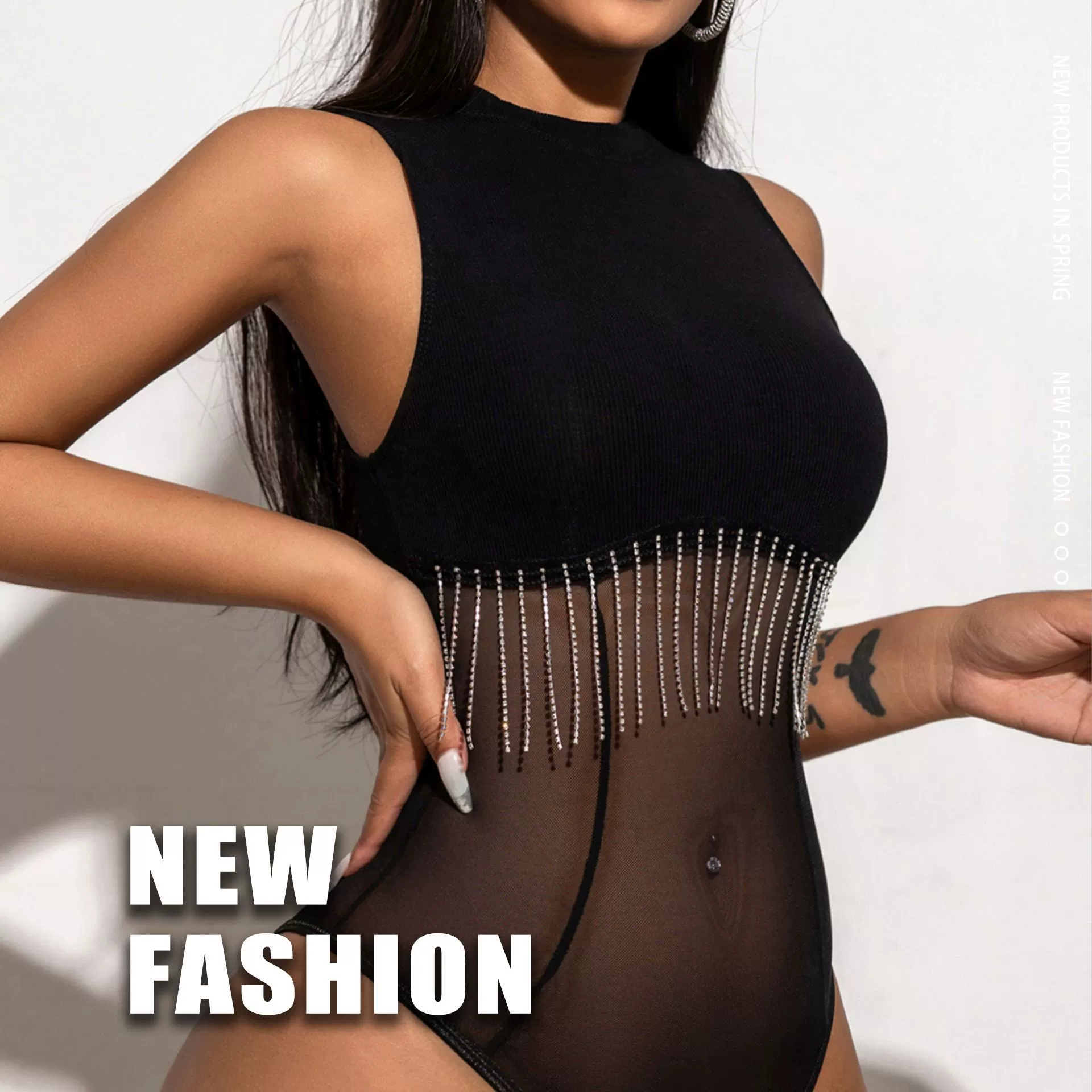 2024 лето новая европейская и американская горячая девушка сетчатая пряжа сшитый костюм с бриллиантами цепочка кисточки без рукавов обтягивание внутри жилет