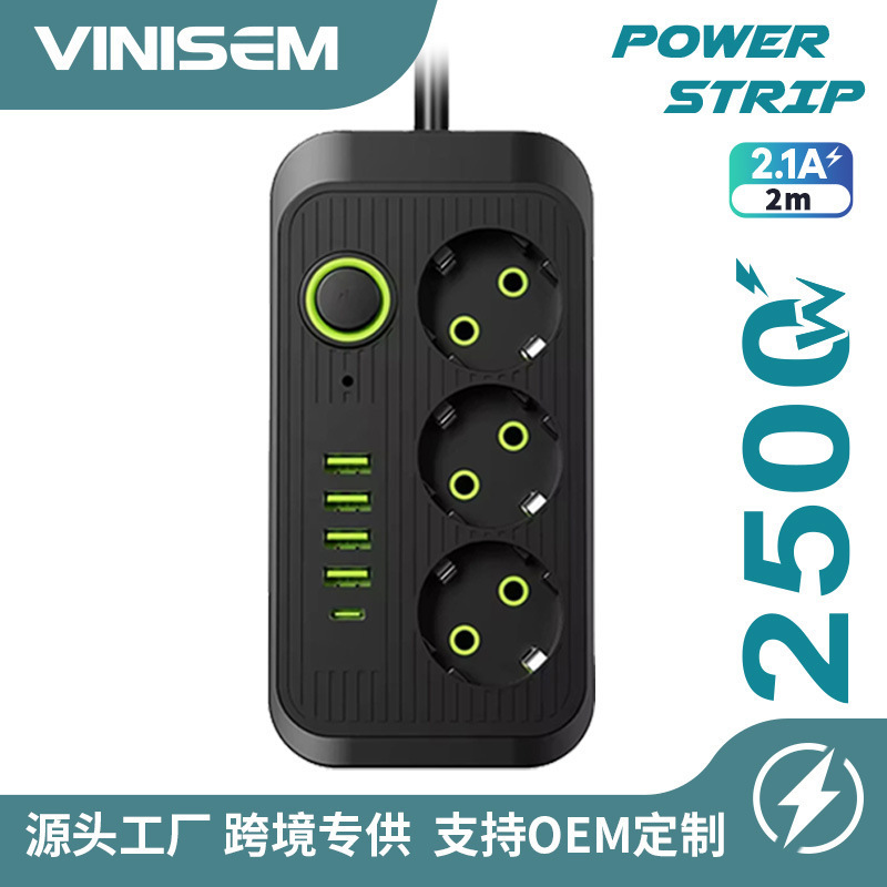 Foreign Trade Russian Extension Cord Surge Protector C-Type USB Black 3m European Standard European Socket with Switch