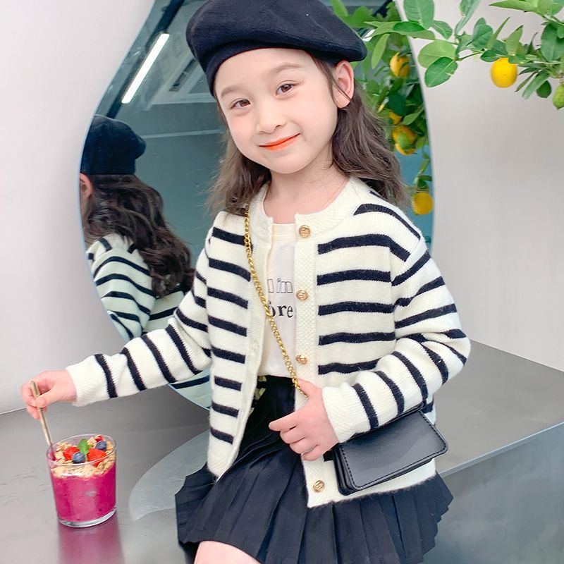 韩系女童针织开衫加绒秋秋季新款韩版儿童洋气条纹毛衣外套长袖