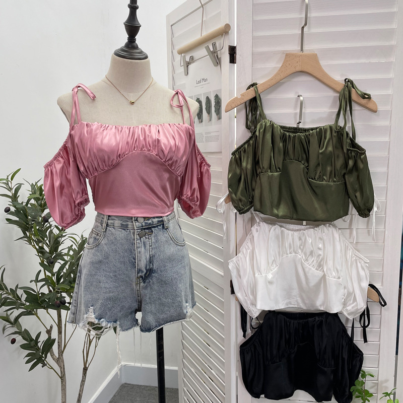 Real Shot Satin Shoulder Sexy Strapless Short-sleeved Shirt Lace-up Bow Shoulder Short Cropped 8855 Top