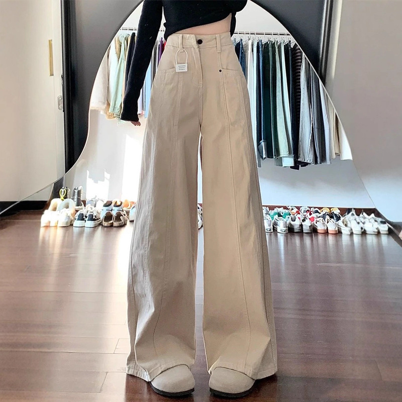 American Beige Apricot Jeans for Women in Autumn New High-Waisted Slimming Loose Wide-Leg Pants Straight and Drapey High-End
