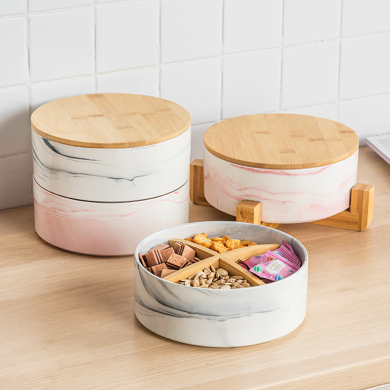 Caja de caramelo de roble de madera hogar sala de estar mesa de café plato de fruta seca de cerámica con tapa Internet Celebrity Snack plato de fruta