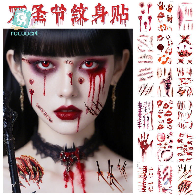 Halloween Tattoo Stickers Wholesale Waterproof Horror Wound Realistic Blood Stains Halloween Scar Tattoo Stickers