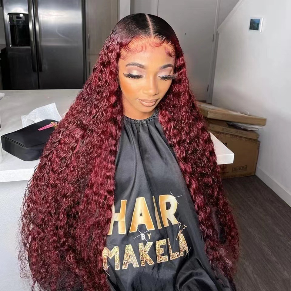 Vinröd lång lockig lace front peruk för kvinnor syntetisk_voghion.com