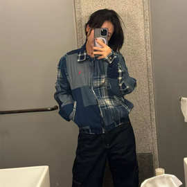 高版本RL拉夫新款时尚潮流拼接双面牛仔夹克小马刺绣格纹男女同款