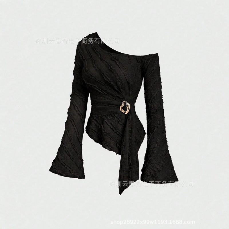 Off-shoulder long-sleeve top for women with waist cinching straps, metal buckle, irregular bell sleeves, sexy T-shirt wholesale Off-shoulder long-sleeve top for women with waist cinching straps, metal buckle, irregular bell sleeves, sexy T-shirt wholesale