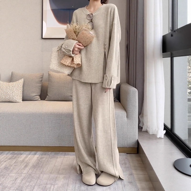 秋冬针织衫套装女2025新款圆领纯色上衣开叉针织衫毛衣裤子两件套|undefined