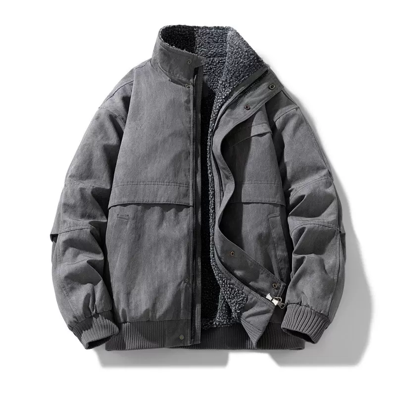 25冬季新款日系复古棉衣男纯色内里羊羔毛棉服做旧加厚外套男跨境