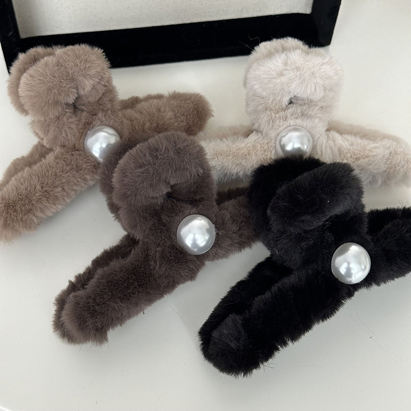 Herbst und Winter Plüsch Haarnadel Kopfschmuck weibliche Perle Haarspange Hinterkopf Haarspange große Haifisch-Clip Subnetz rot Hochsteckfrisur Haar Haarnadel_voghion.com