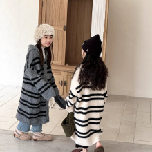瑜瑜公主女童秋冬韩版慵懒感撞色条纹连帽儿童中长款针织开衫外