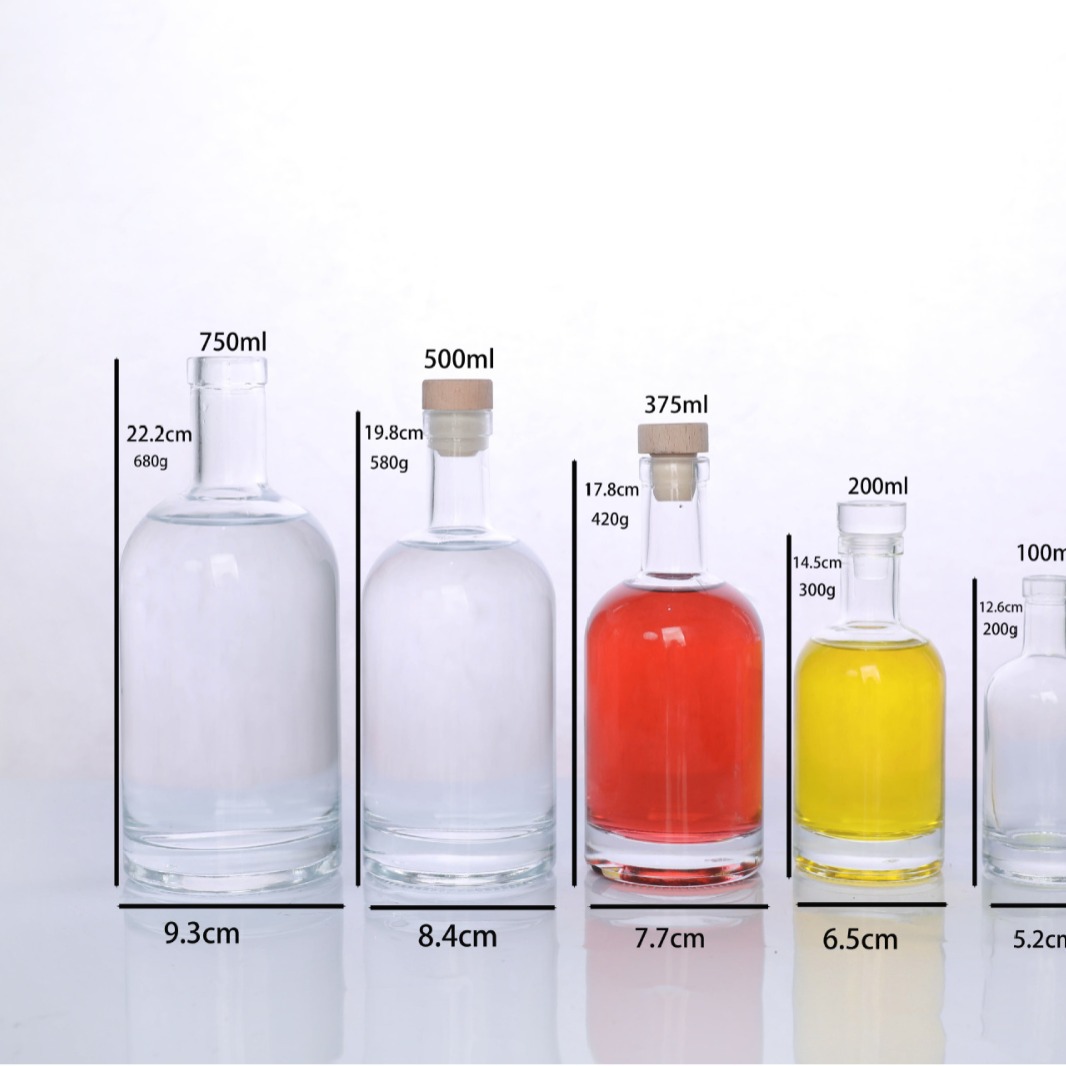 Botella de vino al por mayor, botella de vidrio transparente, botella de vino de 200ml, botella de tapón de madera, botella de bebida de moda