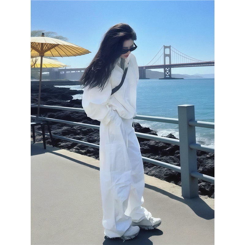 深圳南油白色高级感套装女2025秋季宽松运动休闲工装阔腿裤两件套|undefined
