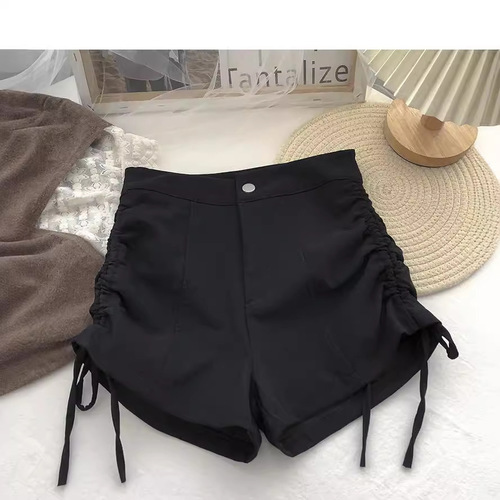 Women's Summer High-Waisted Slim-Fitting White Casual Pants with Side Straps, Korean Style, Versatile and Slimming, Outwear Short Pants