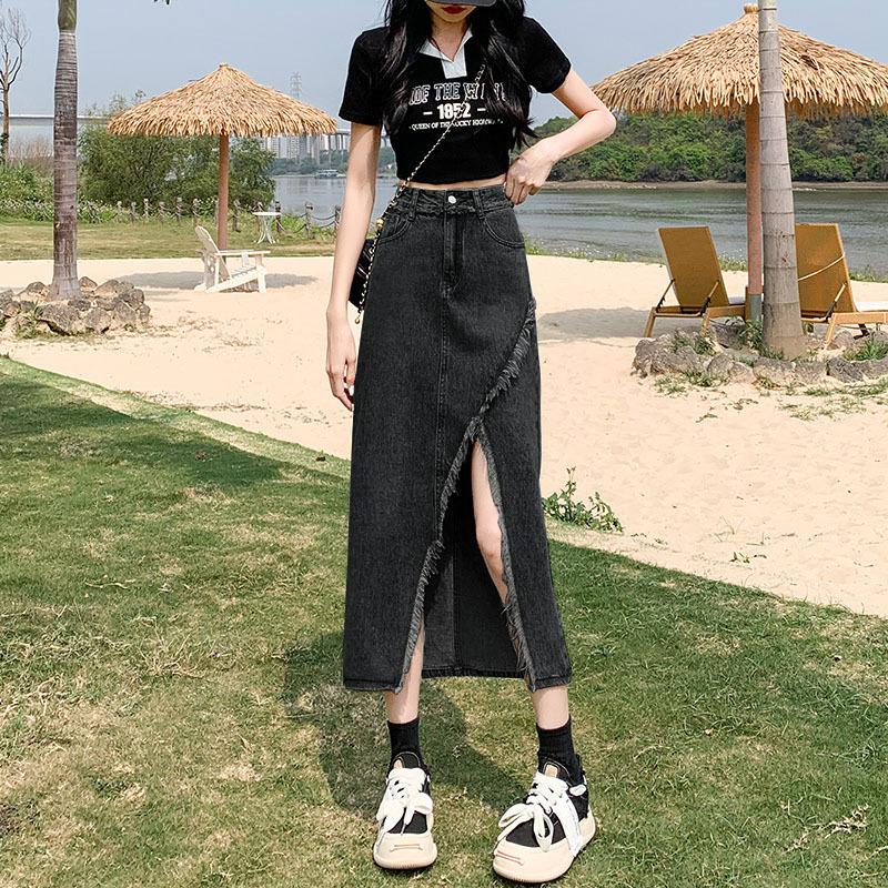 Black and Grey High Waist Slimming Irregular Split Denim Skirt 2023 Summer Fur Edge Design Sense A- Letter Mid-Length Skirt
