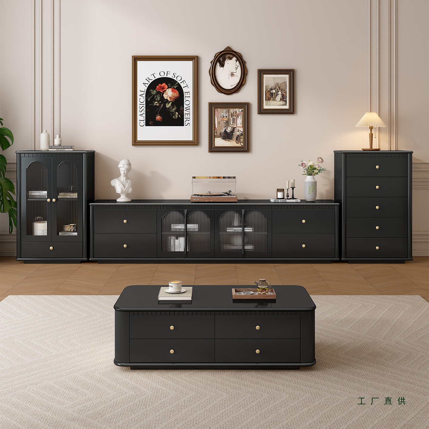 Pure Solid Wood French Retro Floor-Standing Tv Cabinet Coffee Table Combination Storage Simple Living Room High-End Black