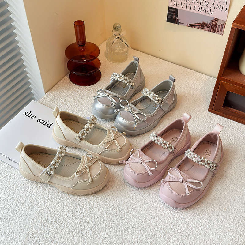 Girls' Flats Princess Shoes Silks and Satins Spring & Fall New Soft-Soled Shallow Mouth Bow Kidsren's Crystal Shoes Ballet Dance Shoes