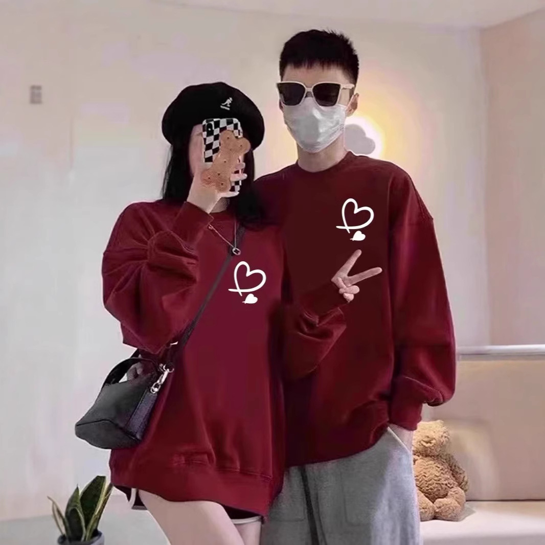 커플의 미국 라운드 넥 라이프 년 땀 새로운 패션 느슨한 디자인 사랑 버건디 기모 두껍게