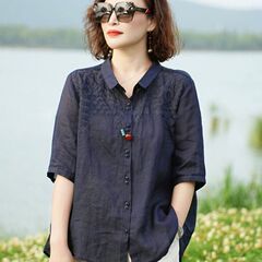 2025 新しい夏のスタイルの女性用ラミー刺繍シャツトップス、ゆったりとした七分袖シャツジャケット、多用途の薄いシャツ