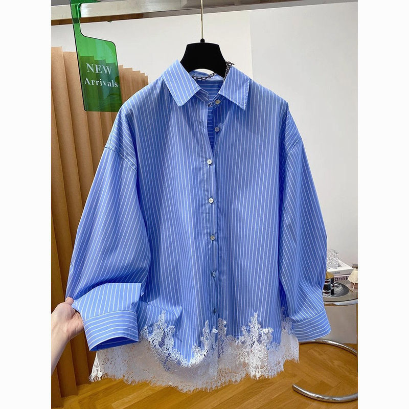 High-End Lace Splicing Long-Sleeved Blue Striped Shirt with Upper and Lower Splicing Design New Spring and Summer Loose Top Versatile