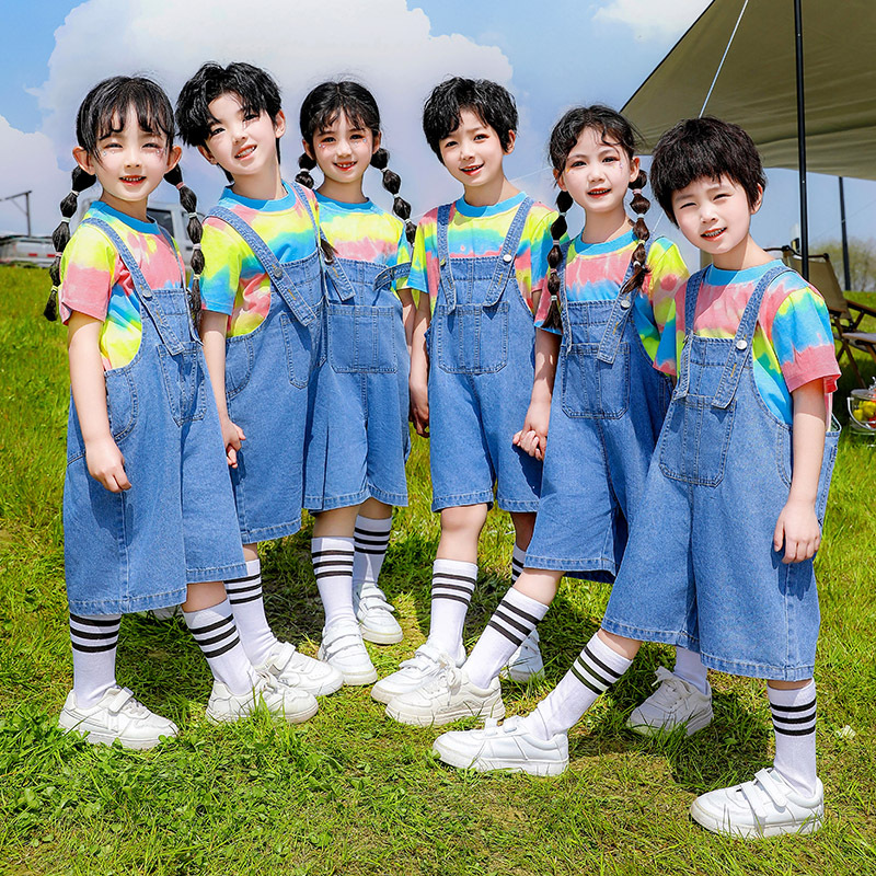 幼兒園園服夏季彩虹條紋棉質短袖運動班服小學生校服畢業照演出服