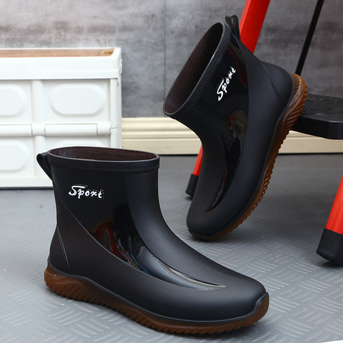 Waterproof drawstring mouth rain boots for men, water shoes, rubber shoes, rain boots, short to medium length, all cowhide sole, anti-slip, waterproof, oilproof, chef shoes