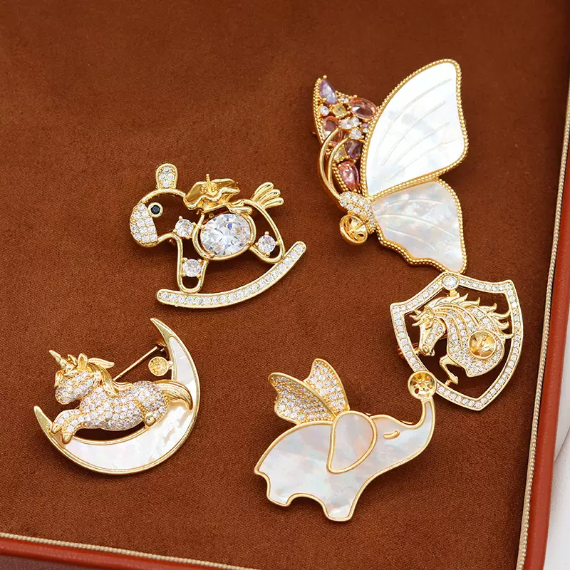 众兴14K真金淡水珍珠马头盾diy胸针别针女小众设计感高级西装配饰