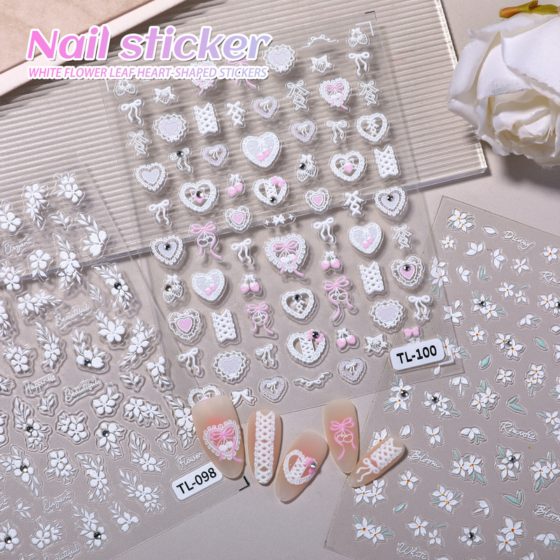 Cross-Border Popular Retro White Bouquet Nail Art Stickers Embossed Three-Dimensional Super Fairy Heart Flower Leaves Original Design