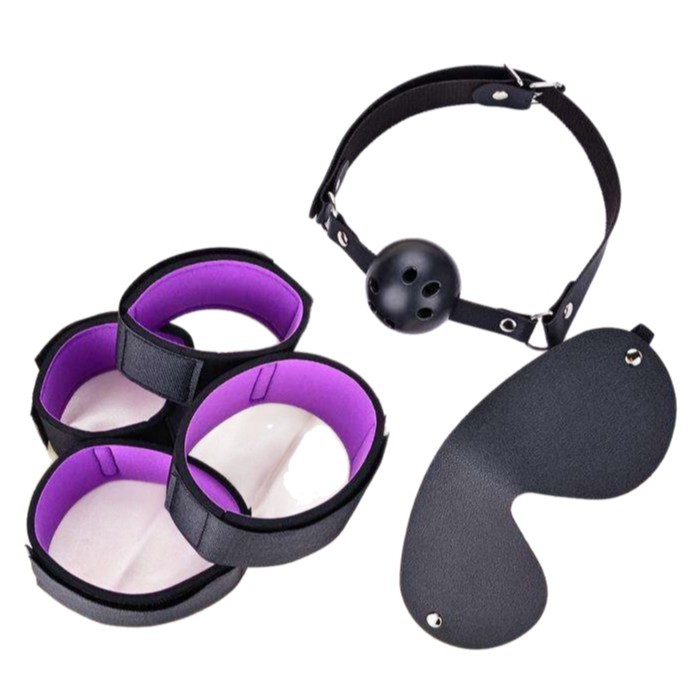 Purple Bondage Set with Handcuffs, Nipple Clamps, Ball Gag, Blindfold and Whip — detail image 2
