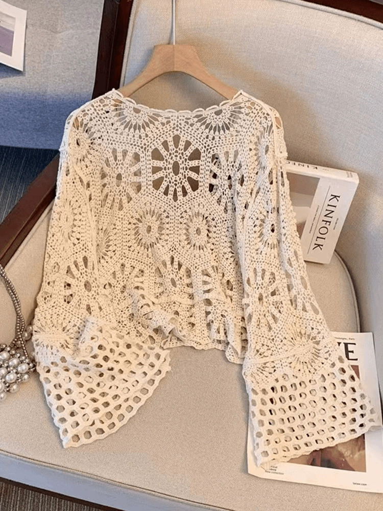 Летний кардиган длинный рукав бохо крючком, one size, лёгкое пляжное накидка