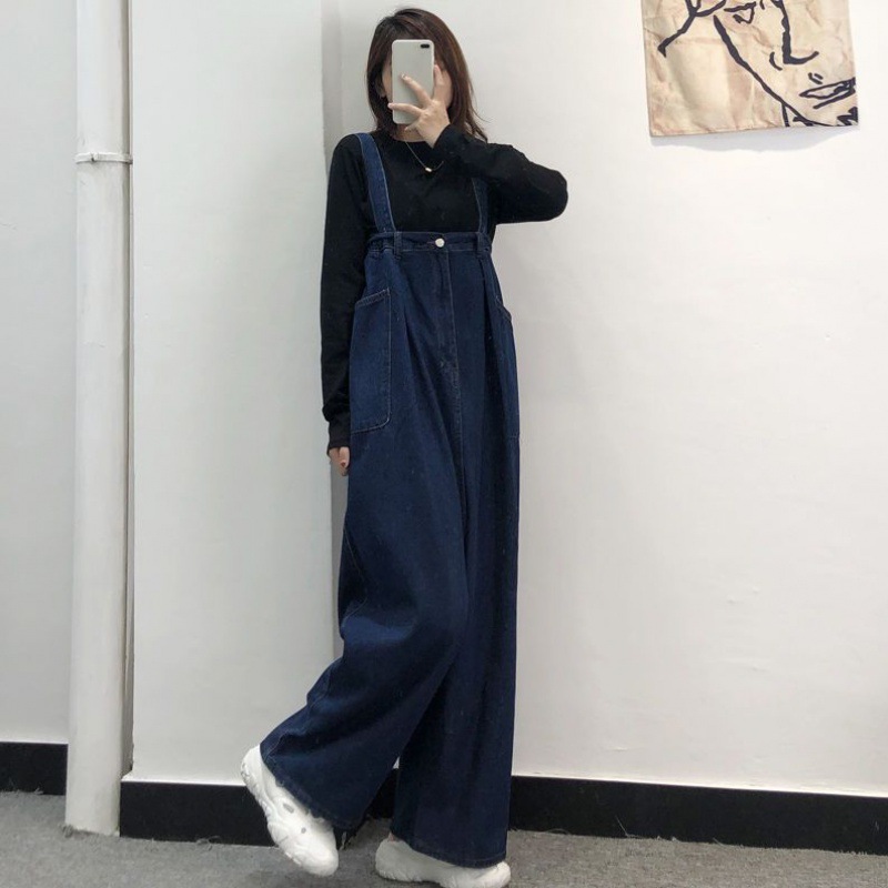 (2개) 소금 스트랩 넓은 다리 데님 스트랩 바지 여성 디자인 센스 봄과 가을 느슨한 소형 소형 복합 고대 홍콩 맛 점프 수트