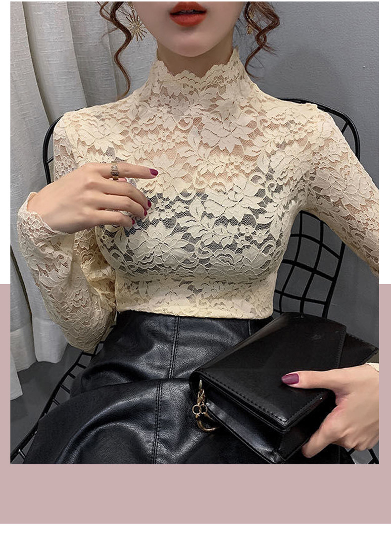 Haut col montant en dentelle transparente – Chemisier élégant à découpes florales et manches pétales (M-XXL, blanc/noir/nude, polyvalent du bureau au dîner)_voghion.com