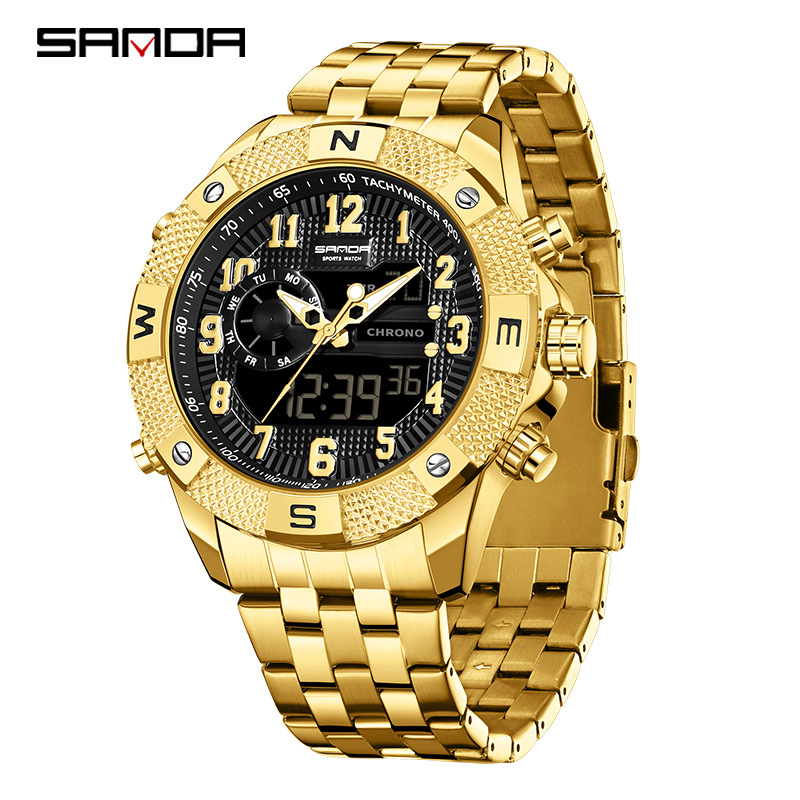 SANDA SANDA3308 nuevo reloj de pulsera electrónico con correa de acero, personalidad, creatividad, despertador multifuncional, reloj de luz nocturna