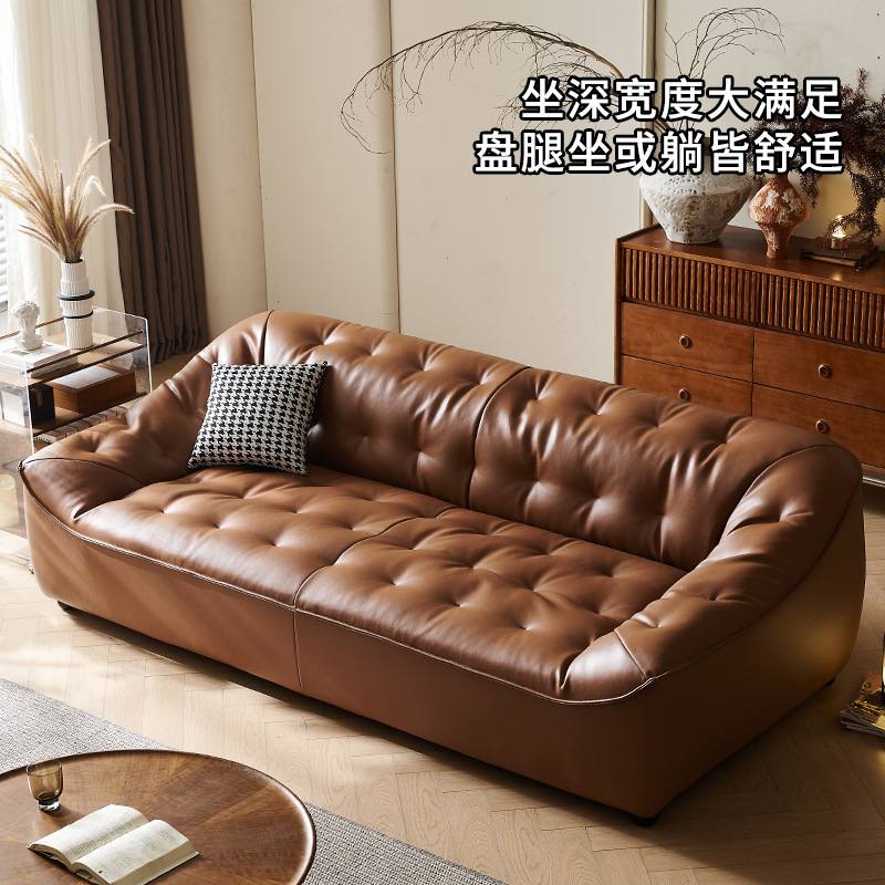New Retro Oil Wax Leather Sofa, Italian Light Luxury Genuine Leather Sofa, Simple Straight-Line Retro Style Genuine Leather Sofa