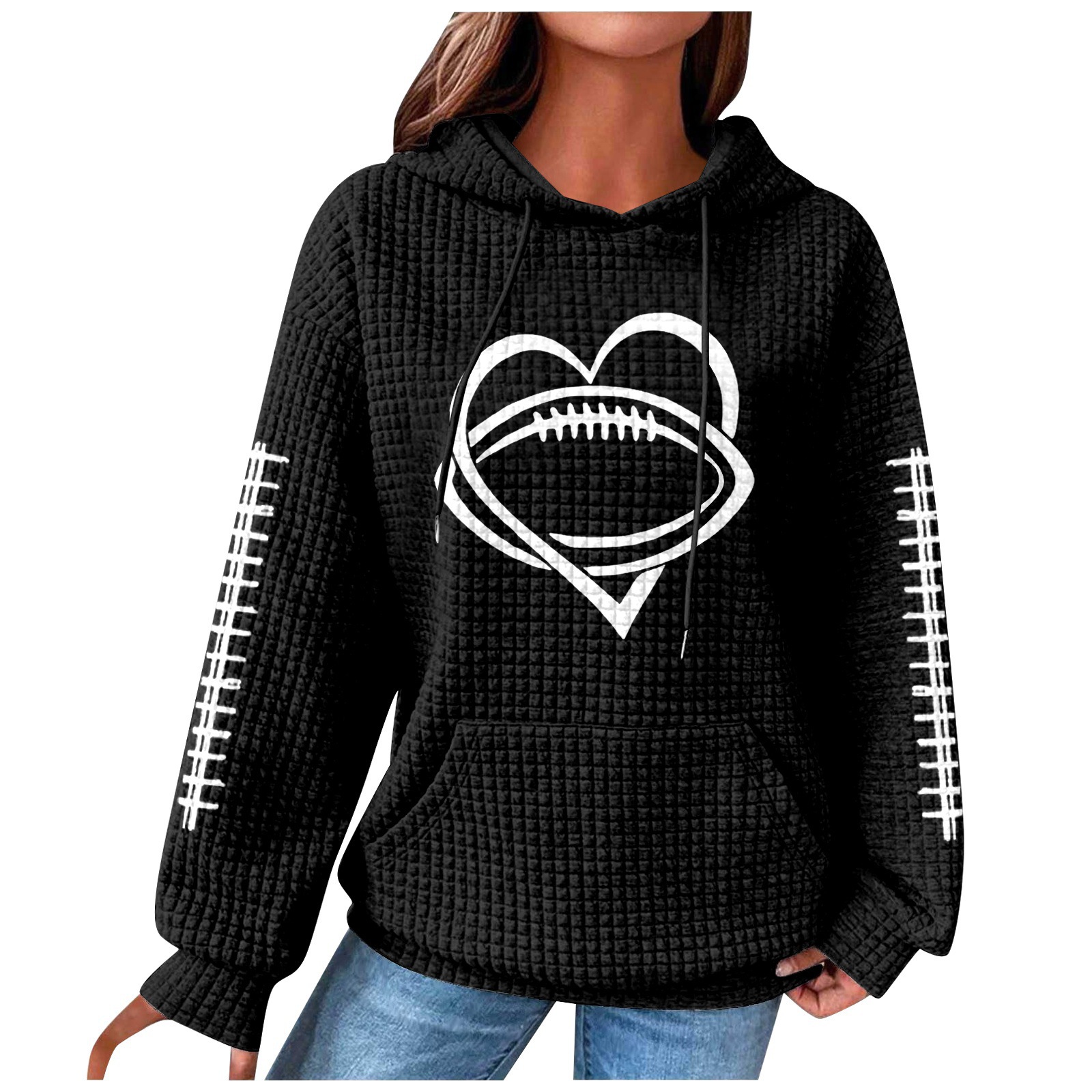 Women's Rugby Hoodie Waffle Knit Pullover Sweatshirt Print_voghion.com