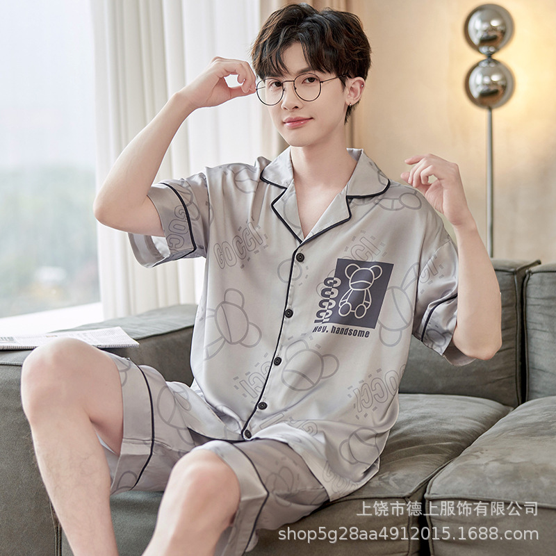 Pajamas Men's Summer Short-Sleeved Shorts Milk Silk Thin Men's Large Size Loose Home Clothes Two-Piece Suit Summer