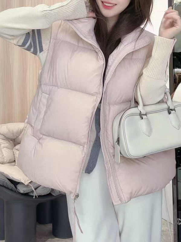 Loose Light Pink Thickeneded White Goose down Vest Autumn and Winter New down Jacket Simple Vest Stand Collar 2025 Vest