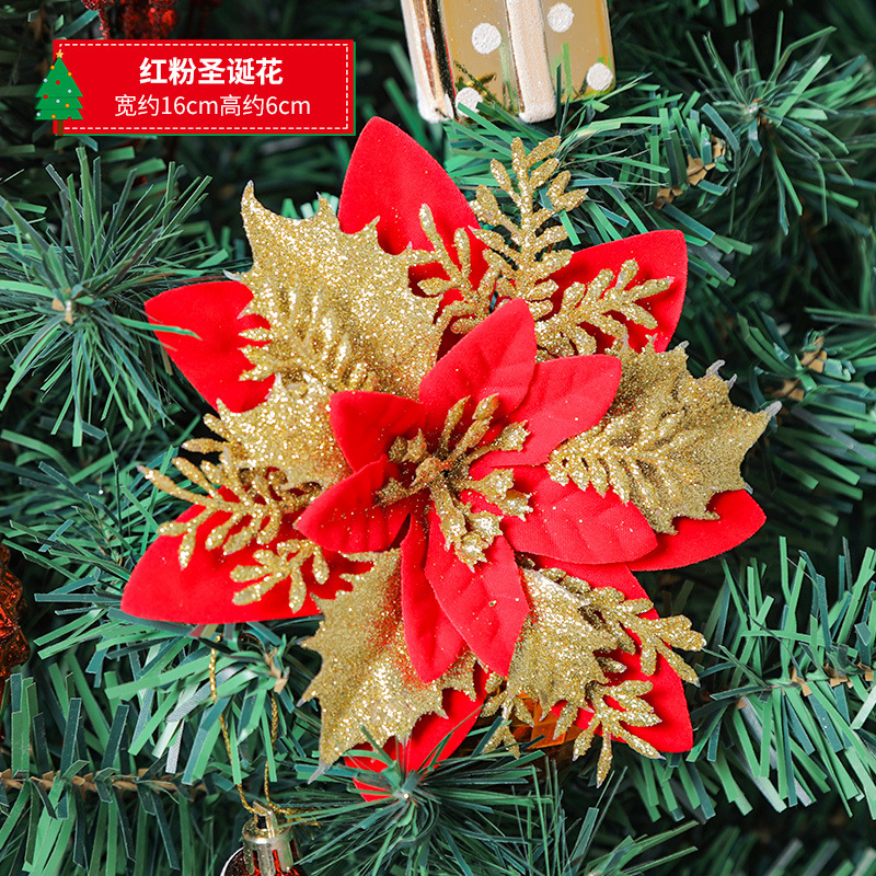 Adornos navideños transfronterizos Flores navideñas rojas doradas Adornos del árbol de Navidad Espolvorear accesorios de flores en polvo hechos a mano Decoración de la escena