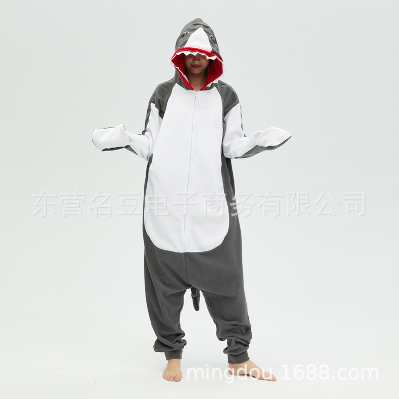 Gray Shark Animal Cartoon One-Piece Pajamas, Fleece Long-Sleeved Autumn and Winter Couple's Home Wear, Can Be Worn Outside, Unisex