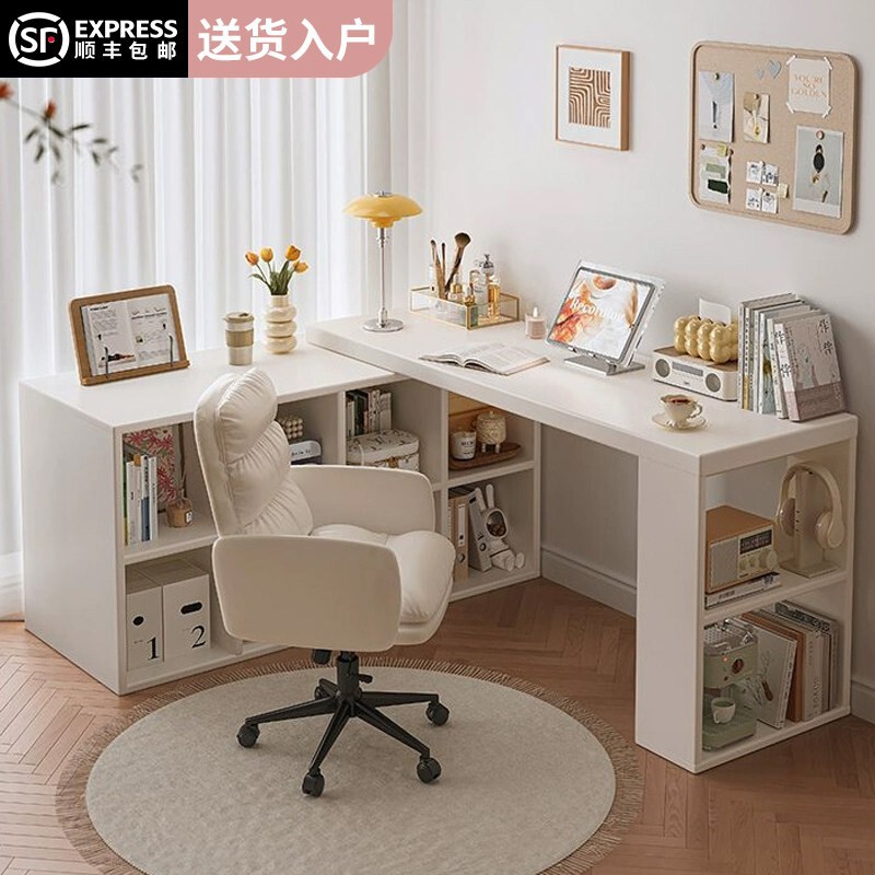 Solid wood corner desk with bookshelf, L-shaped corner computer desk for home, bedroom, student study and writing desk Solid wood corner desk with bookshelf, L-shaped corner computer desk for home, bedroom, student study and writing desk
