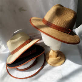 英伦礼帽女复古皮包边双扣带编织爵士帽男宽檐夏季出游遮阳草帽潮