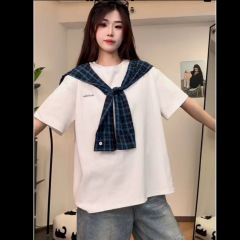 2025 新しい夏の韓国スタイル多用途スリムチェック柄ショールデザイン偽ツーピース半袖 Tシャツ女性のトップスイン