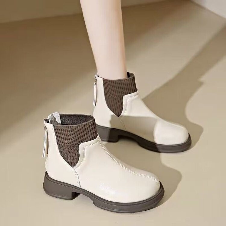 British Style Thick-Soled Socks Boots with Back Zipper Boots 2025 Autumn and Winter New Chelsea Short Boots Fleece-Lined Boots