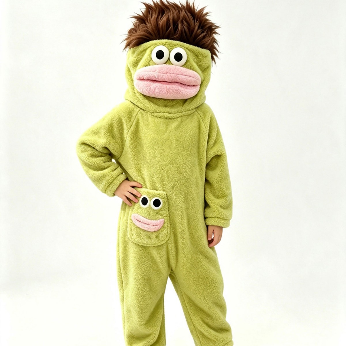 New cross-border children's cartoon big-mouthed monster one-piece coral fleece pajamas, new warm home wear with funny hair design