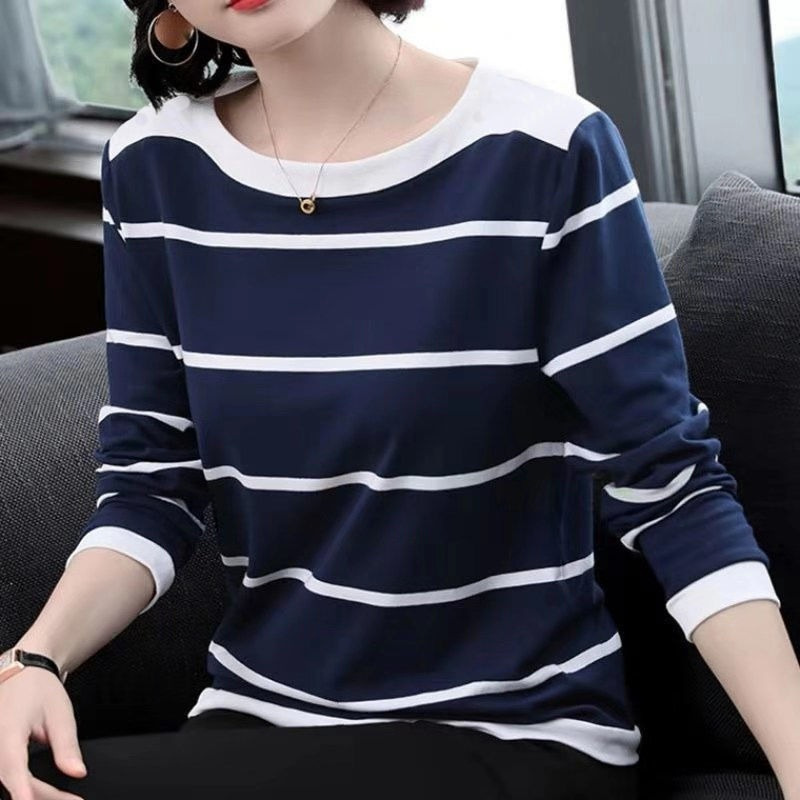 Blue and White Striped T-shirt Women's Long Sleeve Loose 2024 Autumn and Winter New T-shirt plus size Base Shirt Top