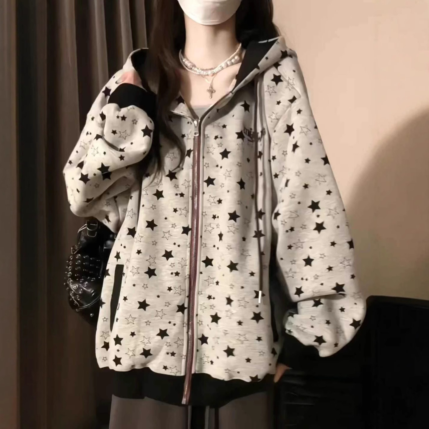 American High Street Star-Printed Hooded Sweatshirt for Women Spring & Fall New Loose Preppy Style Zipper Cardigan Jacket Top