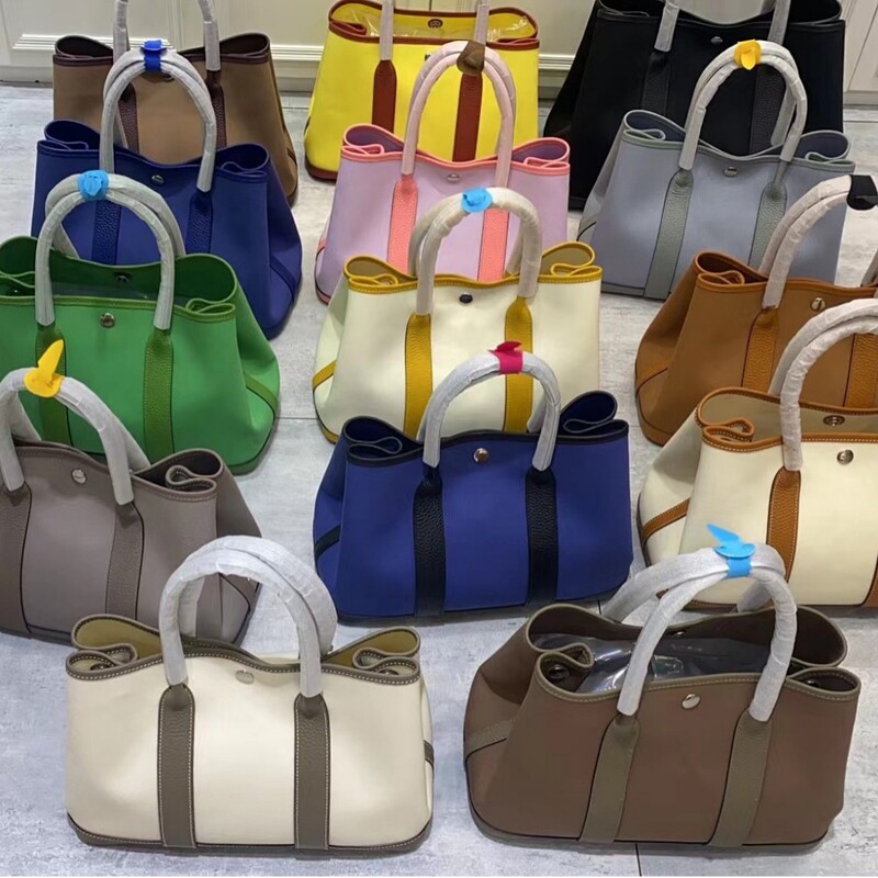 Handmade Canvas Color-Blocked Wax Thread Garden Bag Large Capacity Tote Commuting Mommy Bag First Layer Cowhide for Women