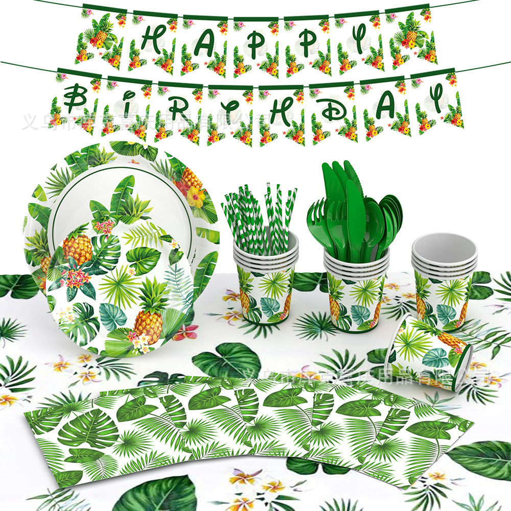 Nueva Hawaiian tema Fiesta decoración suministros hojas tropicales bandeja de papel desechable taza de papel tire bandera traje de tejido